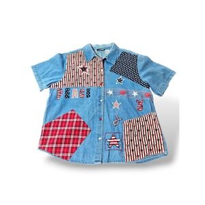 VTG Fashion Bug Americana Denim‎ Patchwork Peace Shirt Stars Stripes Plus 18/20